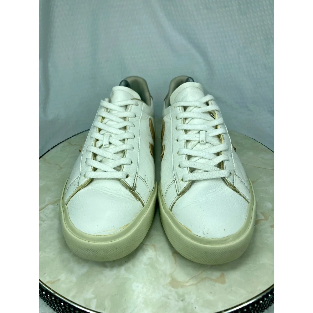 Veja Esplar Metallic Leather Shoes Women 9.5 Gold White Low Top Lace Up Sneakers